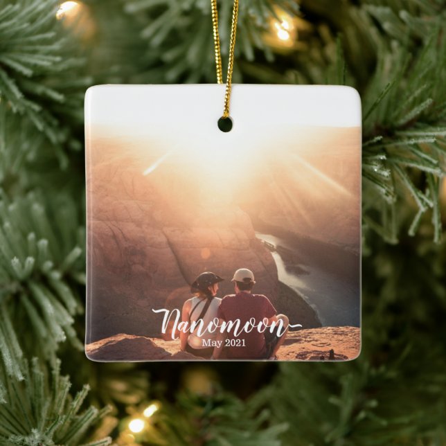 Custom Minimoon Nanomoon Honeymoon photo souvenir Ceramic Ornament (Tree)
