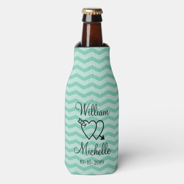 Custom mint green chevron wedding bottle coolers (Bottle Front)