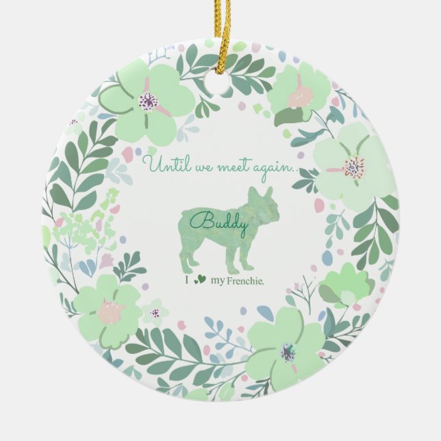 Custom Mint Green French Bulldog with Name & Photo Ceramic Ornament (Front)