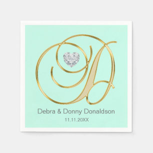 Custom Mint Green Gold Monogrammed D Wedding Napkin