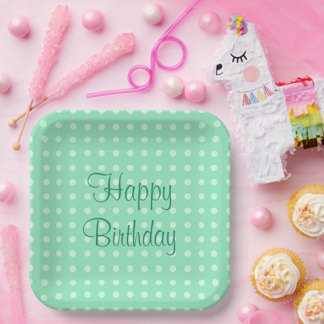Custom Mint Green Template Happy Birthday Text Dot Paper Plate (Party)