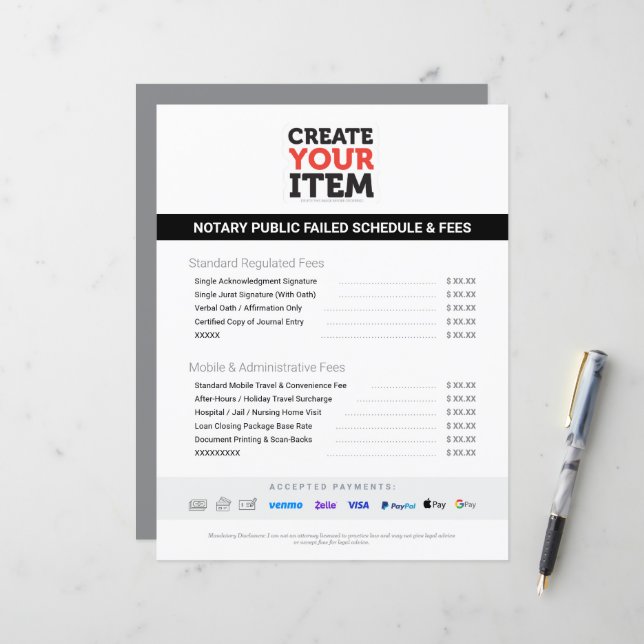 Custom Mobile Notary Fee Schedule Price List (Front/Back In Situ)
