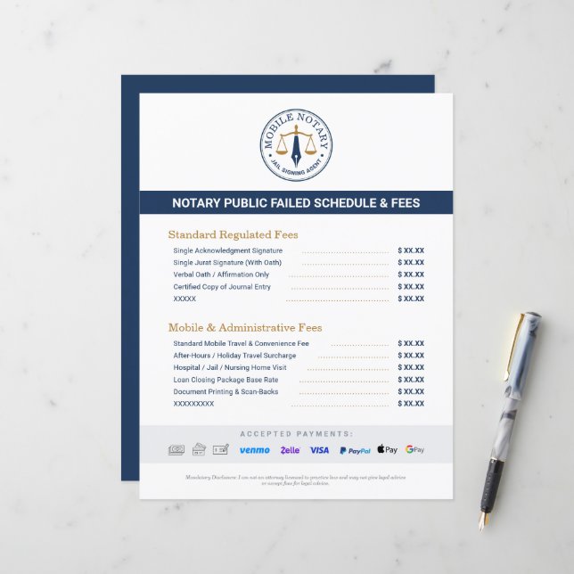 Custom Mobile Notary Fee Schedule Price List Navy (Front/Back In Situ)