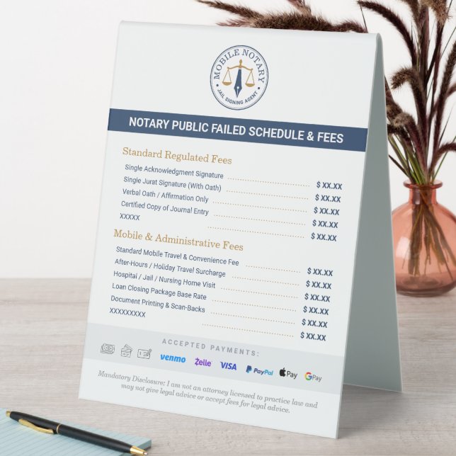 Custom Mobile Notary Fee Schedule Price List Navy (In SItu (Table))