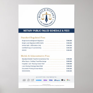Custom Mobile Notary Fee Schedule Price List Navy Poster