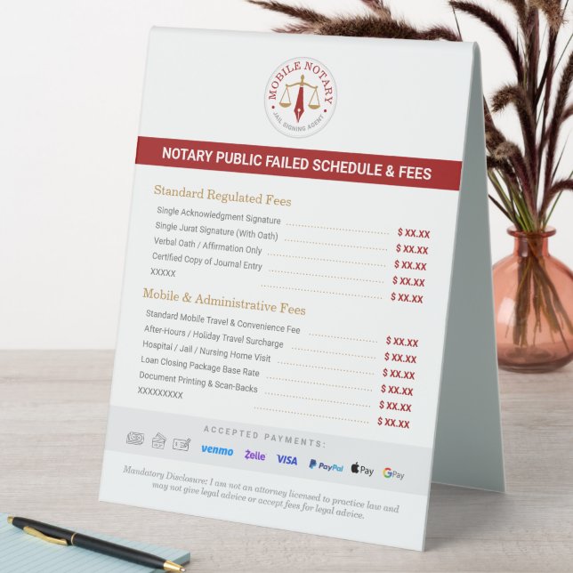 Custom Mobile Notary Fee Schedule Price List Red (In SItu (Table))