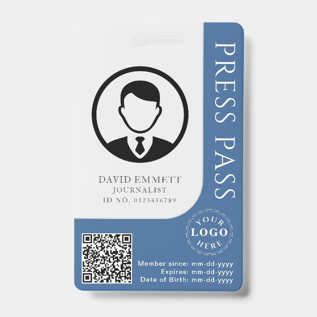 Custom Moderate Blue Press Pass with Editable Deta ID Badge (Front)