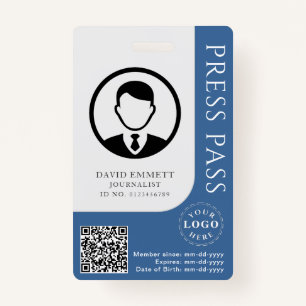 Custom Moderate Blue Press Pass with Editable Deta ID Badge