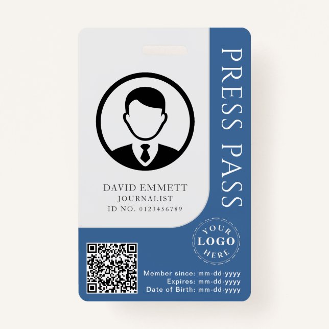 Custom Moderate Blue Press Pass with Editable Deta ID Badge (Front)