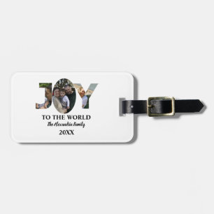Custom modern 3 photo collage joy to the world luggage tag