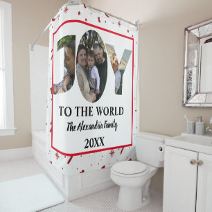 Custom modern 3 photo collage joy to the world shower curtain
