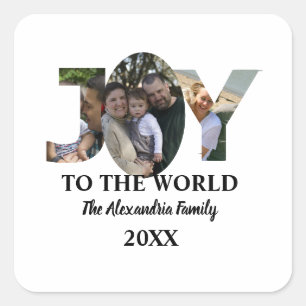 Custom modern 3 photo collage joy to the world square sticker