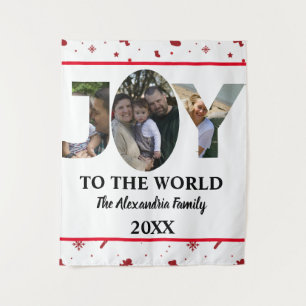Custom modern 3 photo collage joy to the world tapestry