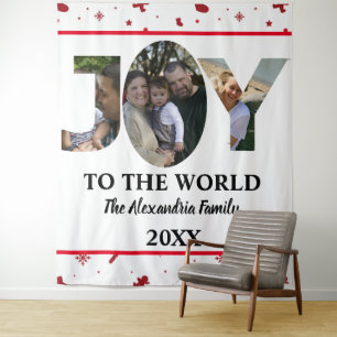 Custom modern 3 photo collage joy to the world tapestry