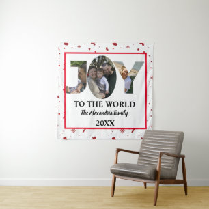 Custom modern 3 photo collage joy to the world tapestry