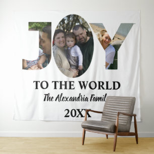 Custom modern 3 photo collage joy to the world tapestry