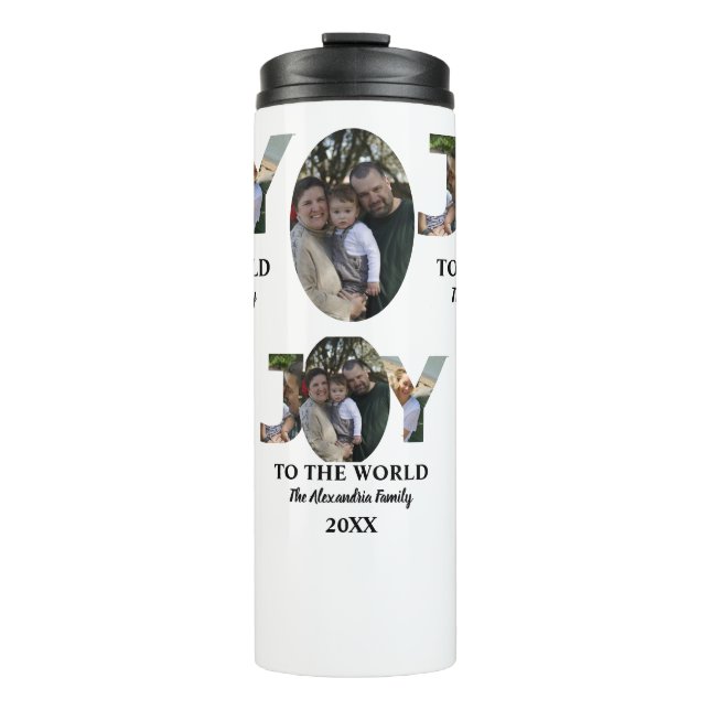 Custom modern 3 photo collage joy to the world thermal tumbler (Front)