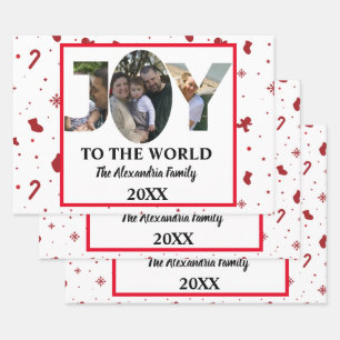 Custom modern 3 photo collage joy to the world wrapping paper sheet