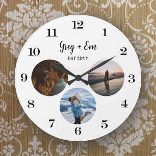 Custom Modern 3 Photo Collage Newly Weds Large Clock