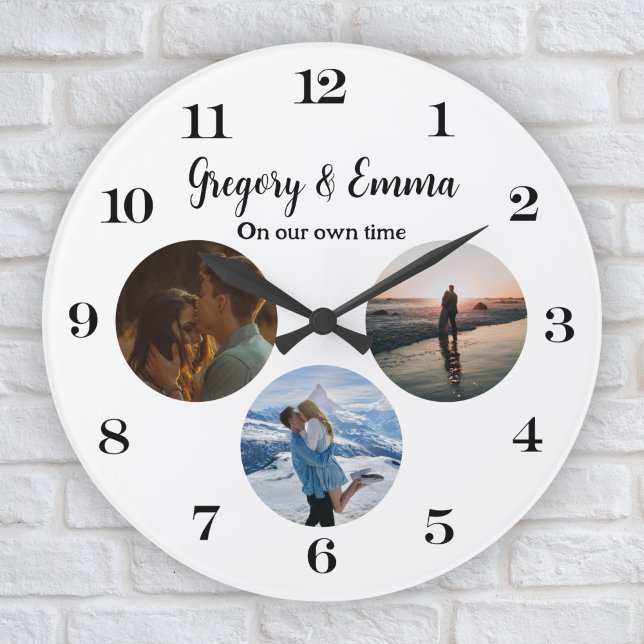 Custom Modern 3 Photo Collage Newly Weds Our Time  Large Clock (Creator Uploaded)