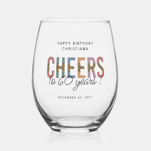 Custom Modern 60th Birthday Leopard Typography Stemless Wine Glass