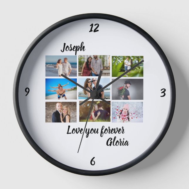 Custom modern Anniversary 9 Photo Collage  Clock (Front)
