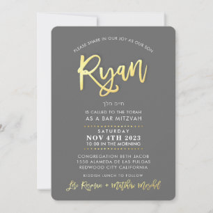 CUSTOM modern Bar Mitzvah for RYAN grey faux gold Invitation
