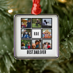 Custom Modern BDE Best Dad Ever 8 Photo Collage Metal Ornament