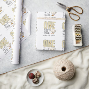 Custom Modern Beige One Silly Goose 1st Birthday Wrapping Paper