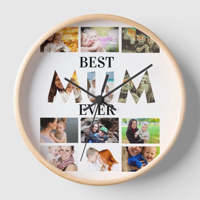 Custom Modern Best Mum Ever 12 Photo Collage Clock (Front)