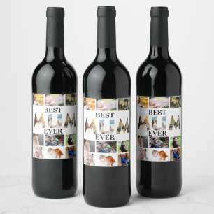 Custom Modern Best Mum Ever 12 Photo Collage Wine Label