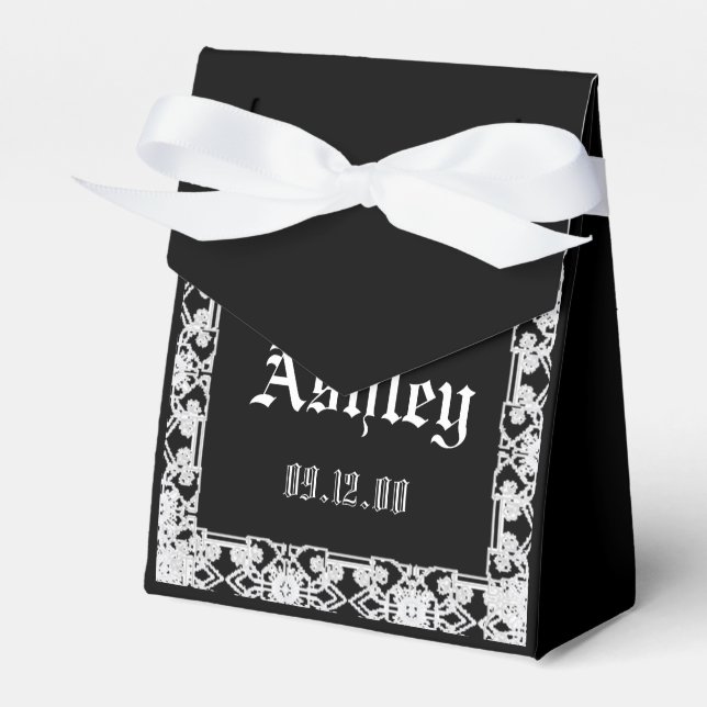 Custom Modern Black And White Lace Monogram  Favour Box (Front Side)