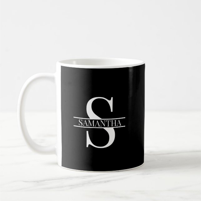 Custom Modern Black and White Monogram Name Coffee Mug (Left)