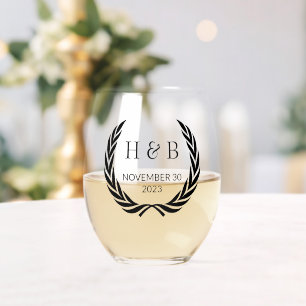 Custom Modern Black Calligraphy Couple Initials Stemless Wine Glass