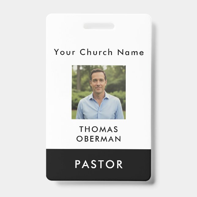 Custom Modern Black Church Pastor Photo ID Badge (Front)