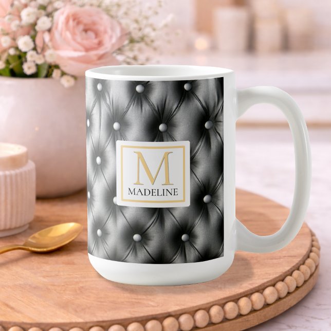 Custom Modern Black Leather Name Initial Mug (Creator Uploaded)