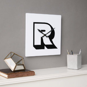 Custom Modern Black Monogram Block Typography Square Wall Clock