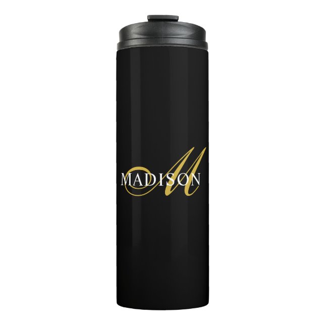 Custom Modern Black Monogram Gold Script Name  Thermal Tumbler (Front)