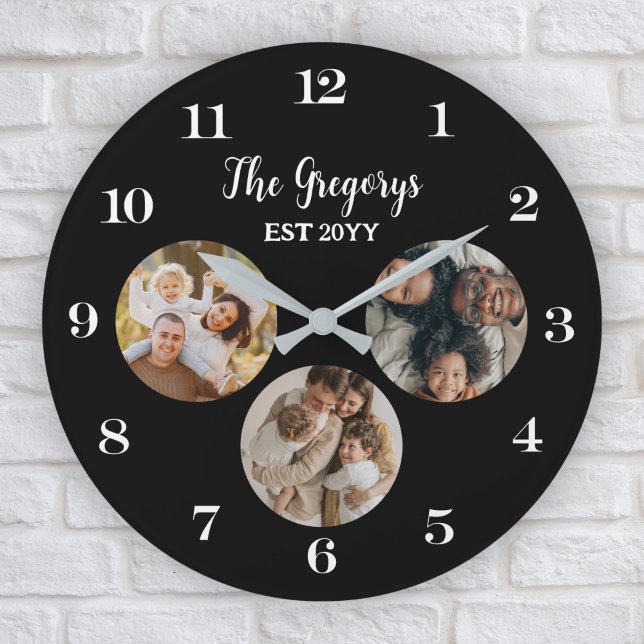 Custom Modern Black Photo Collage Established Year Large Clock (Creator Uploaded)