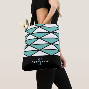 Custom Modern Black Teal Chic Geometric Pattern Tote Bag