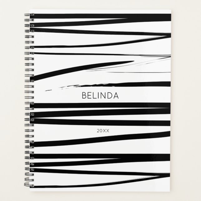 Custom Modern Black & White Lines Abstract Art  Planner (Front)