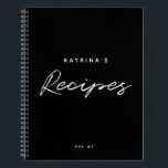 Custom Modern Black White Minimalist Script Recipe Notebook<br><div class="desc">A simple minimalist black background and white script text recipe cookbook that can be customised to your name and volume number. An ideal gift for food lovers, bridal shower, foodies, cooks, chefs etc. Keep your family recipes, baking recipes, mum's recipes or favourite cooking recipes all in one book. Change the...</div>