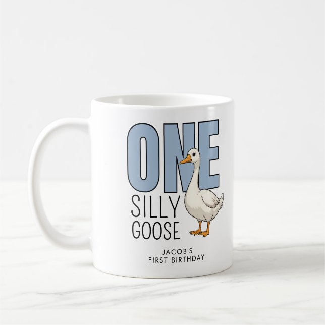 Custom Modern Blue One Silly Goose First Birthday Coffee Mug (Left)