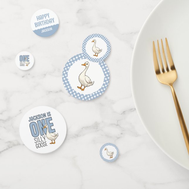 Custom Modern Blue One Silly Goose First Birthday Confetti (Group)