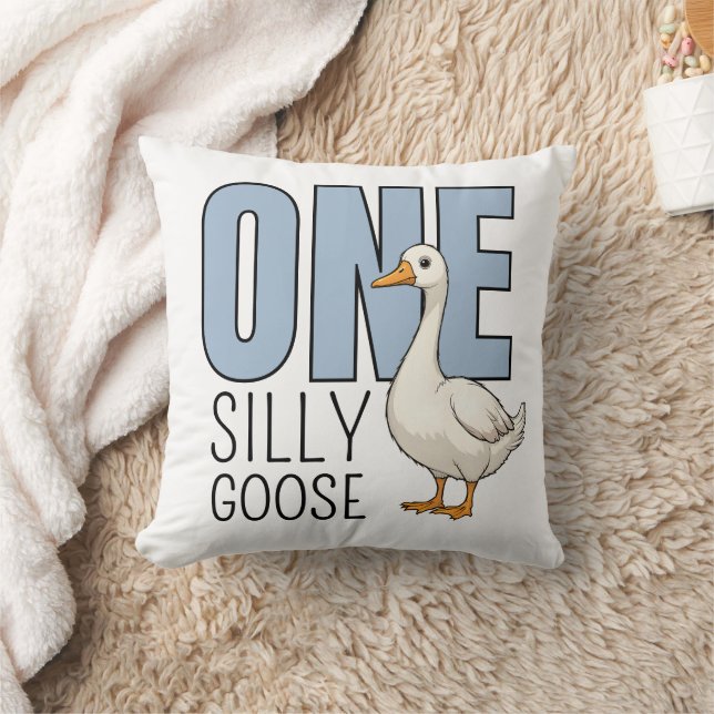 Custom Modern Blue One Silly Goose First Birthday Cushion (Blanket)