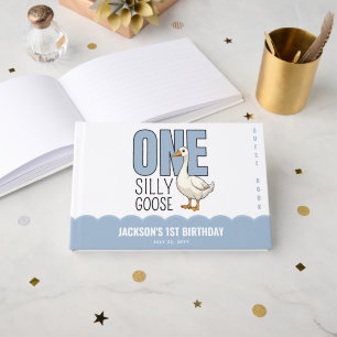 Custom Modern Blue One Silly Goose First Birthday Guest Book