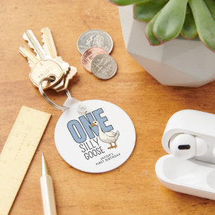 Custom Modern Blue One Silly Goose First Birthday Key Ring
