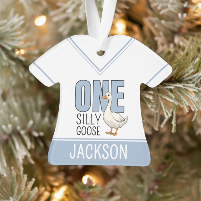 Custom Modern Blue One Silly Goose First Birthday Ornament (Tree)