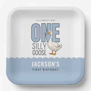 Custom Modern Blue One Silly Goose First Birthday Paper Plate