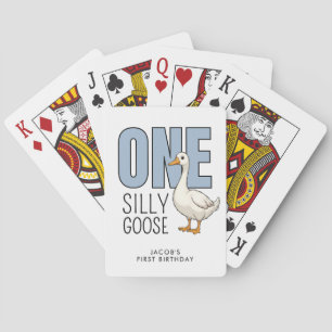 Custom Modern Blue One Silly Goose First Birthday Playing Cards